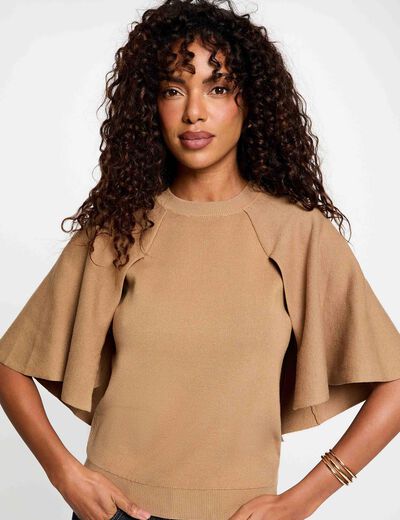 Pull col rond manches &eacute;vas&eacute;es beige femme