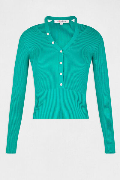 Pull manches longues avec boutons vert moyen femme