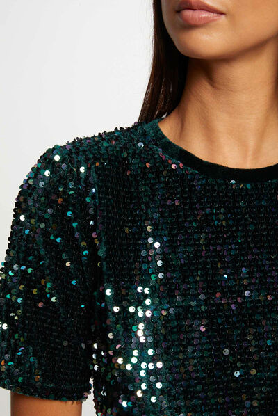 T-shirt manches courtes à sequins vert fonce femme