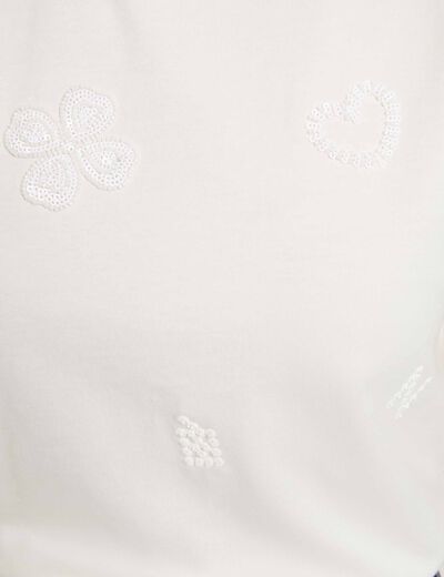 T-shirt brod&eacute; col rond blanc femme