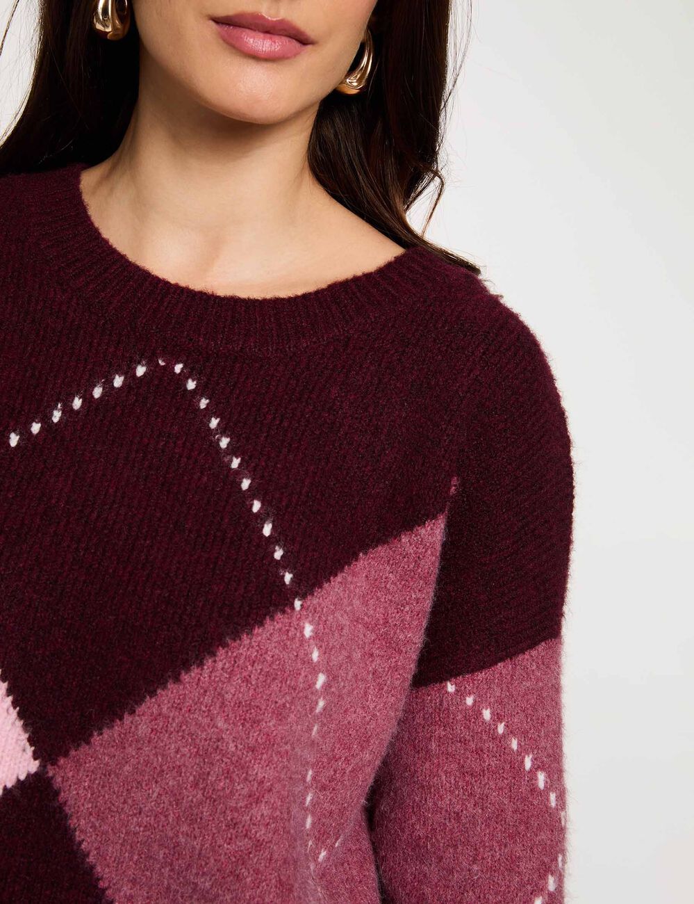 Pull jacquard col rond prune femme
