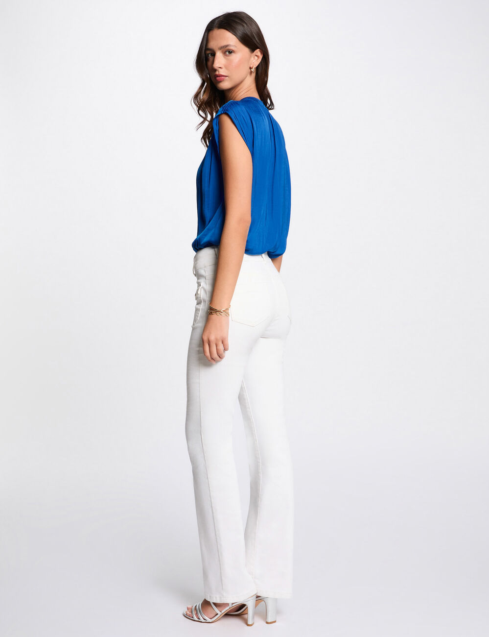 Blouse manches courtes satin bleu electrique femme
