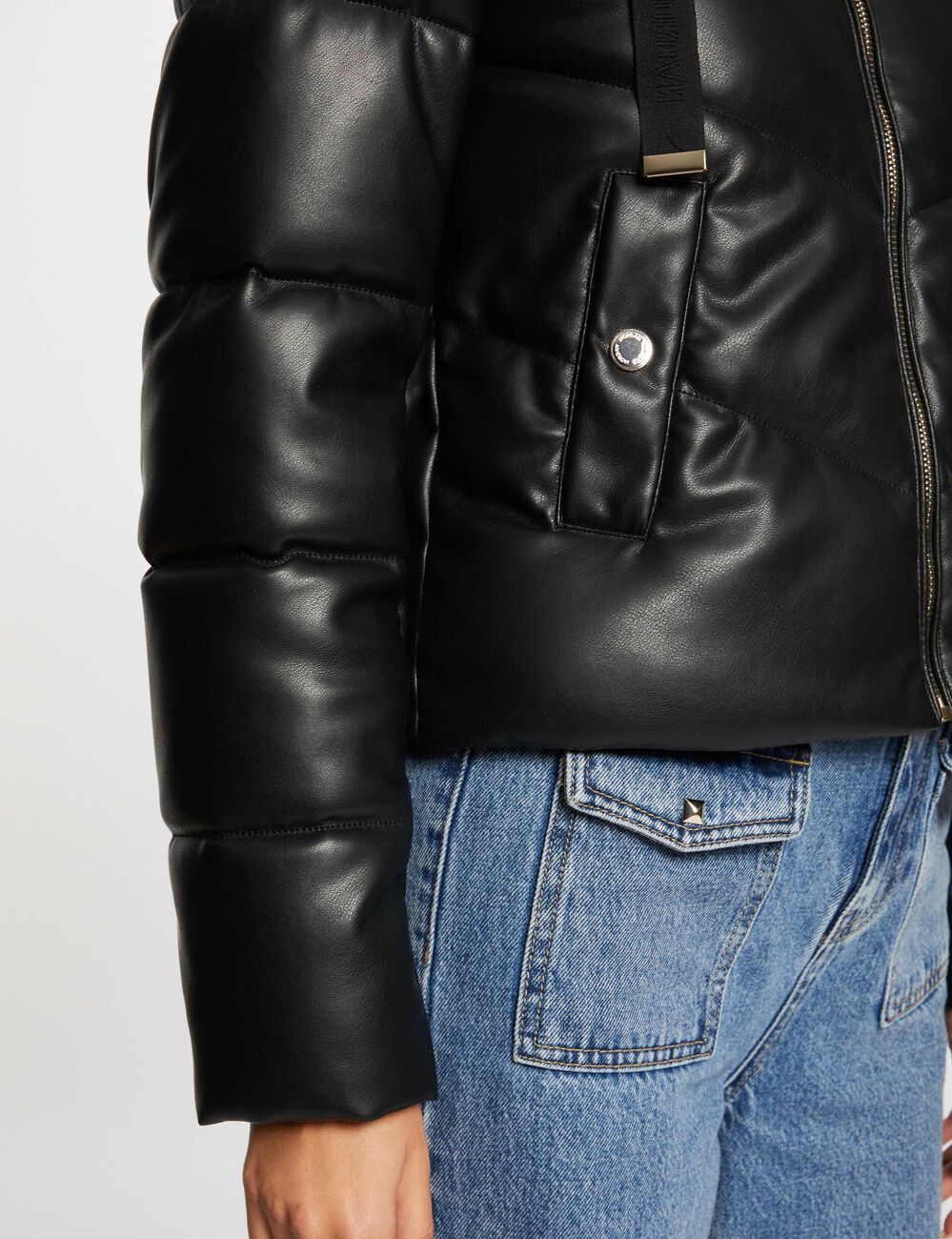 Doudoune simili cuir capuche noir femme