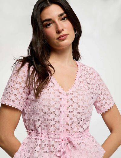 T-shirt manches courtes en dentelle rose femme