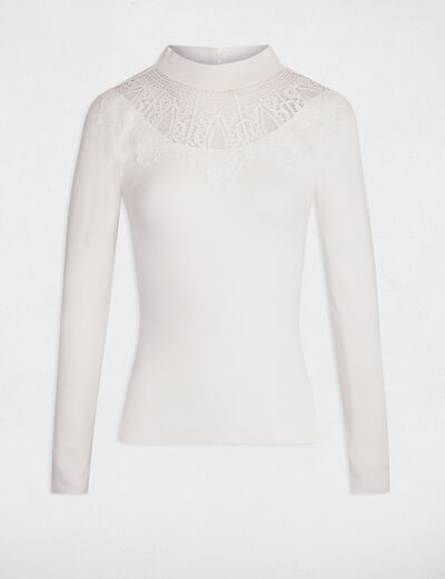 Pull col montant &agrave; dentelle ecru femme