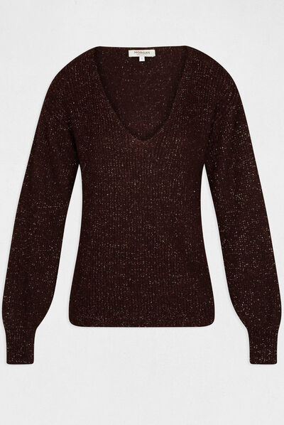 Pull manches longues à col en V prune femme