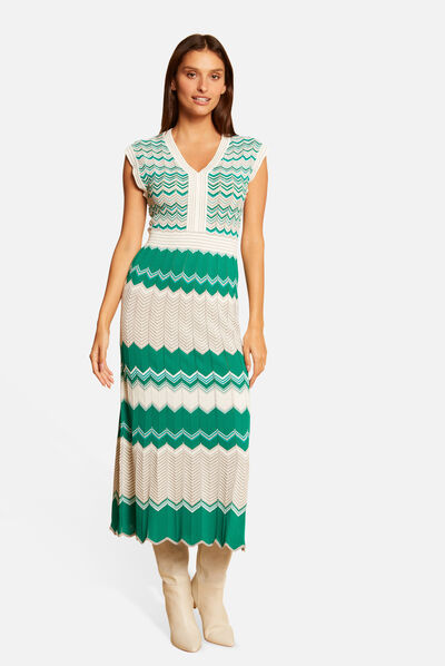 Robe pull longue droite imprimé chevron vert femme