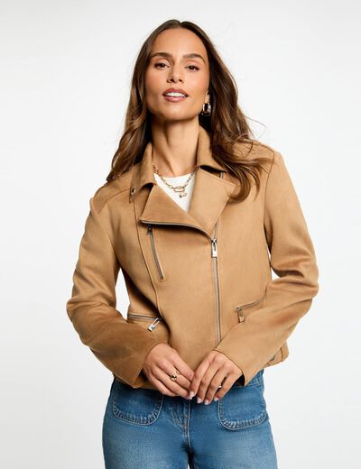 Veste courte su&eacute;dine marron cognac femme