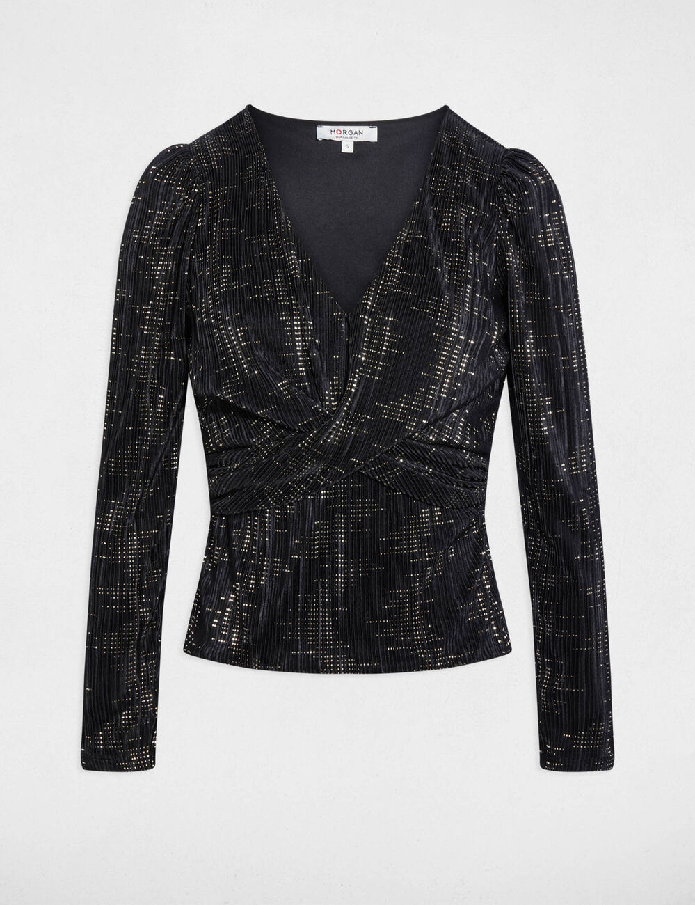 T-shirt pliss&eacute; col v noir femme
