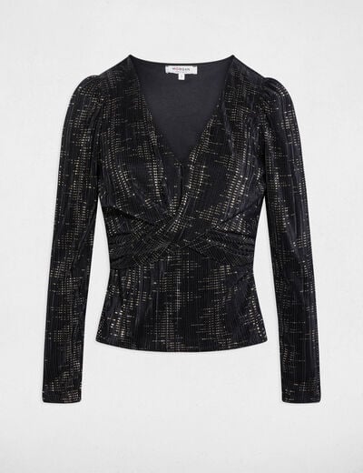 T-shirt pliss&eacute; col v noir femme