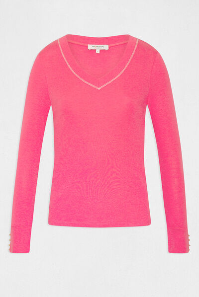 T-shirt manches longues avec col en V fuchsia femme