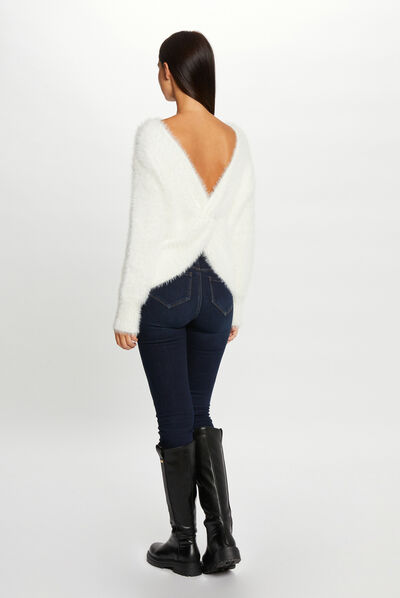 Pull manches longues dos ouvert ecru femme