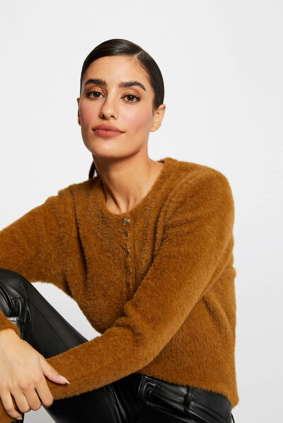 Pull manches longues à col rond caramel femme