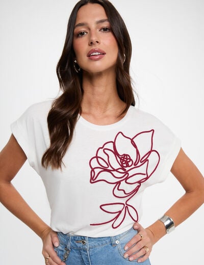 T-shirt brod&eacute; blanc femme