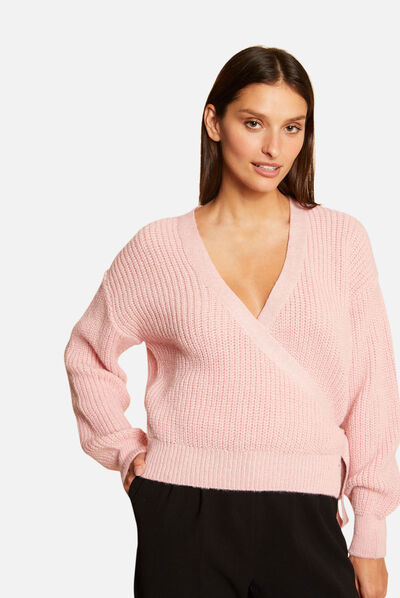 Pull manches longues col cache-coeur rose femme