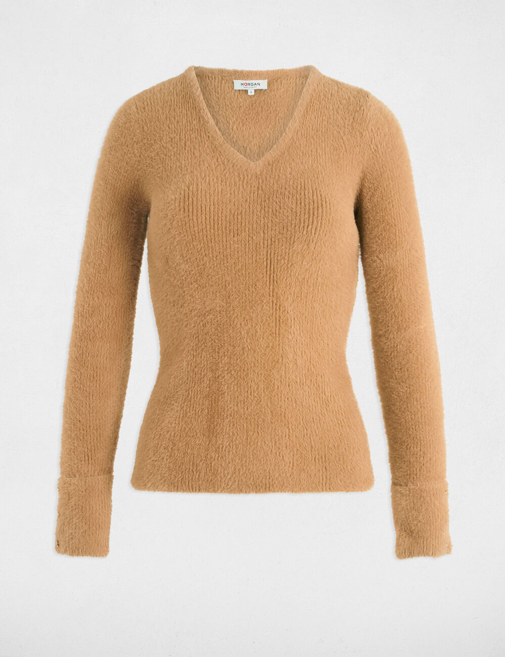 Pull manches longues maille duveteuse camel femme
