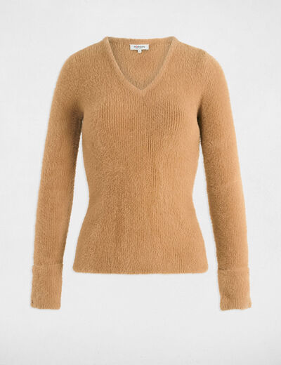 Pull manches longues maille duveteuse camel femme