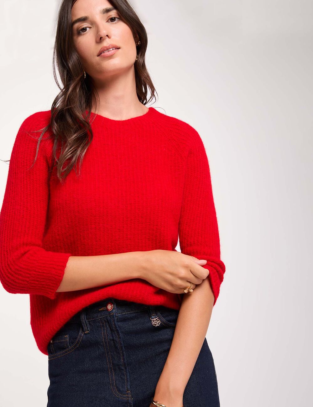 Pull maille duveteuse rouge femme