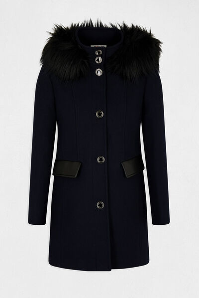 Manteau long détails simili cuir marine femme