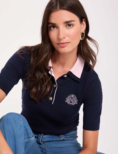 Pull col &agrave; revers bleu marine femme