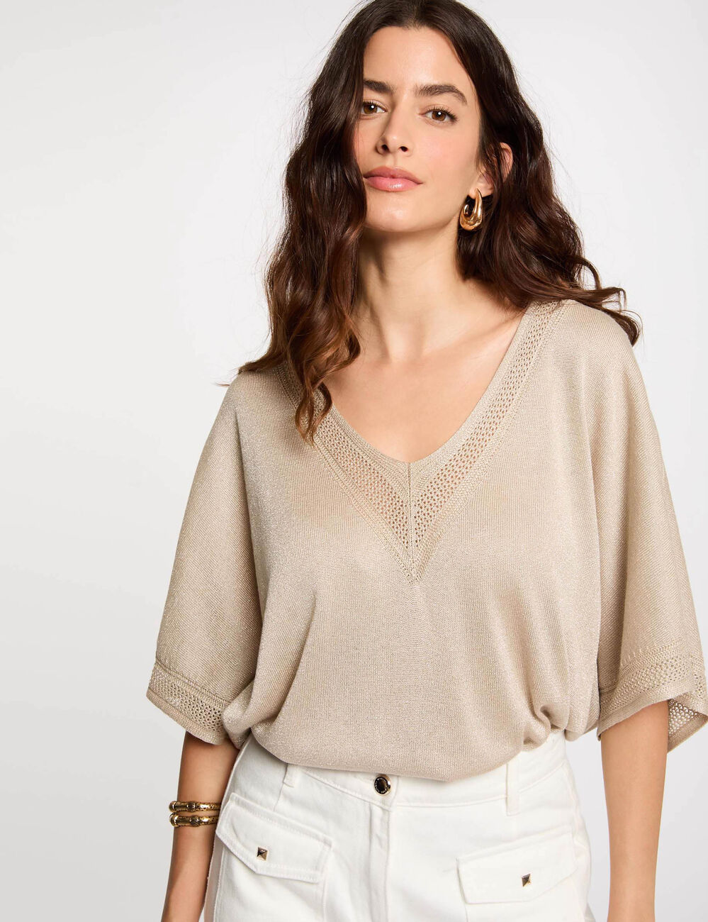 Pull col en V manches courtes sable femme