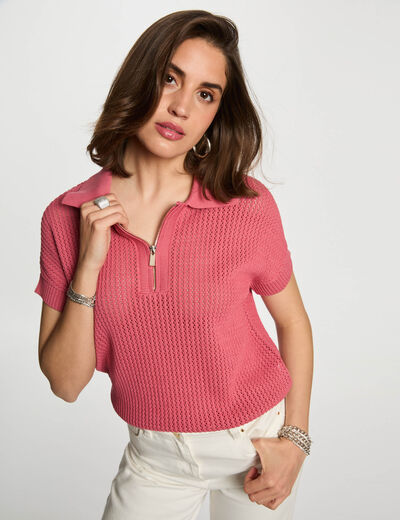 Pull col polo zippé vieux rose femme