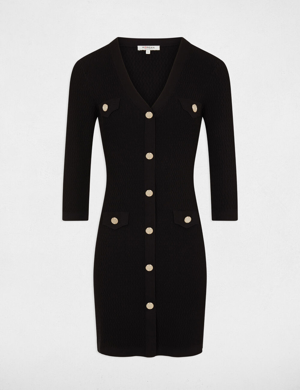 Robe pull ajust&eacute;e manches 3/4 &agrave; boutons noir femme