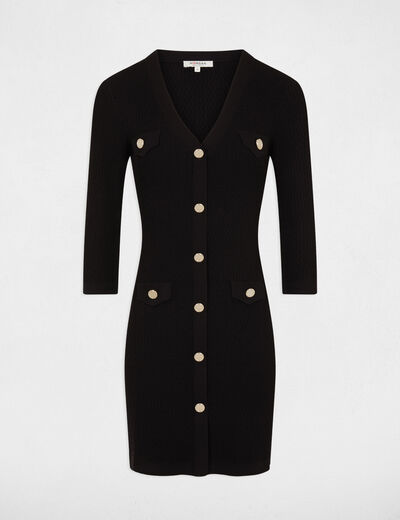 Robe pull ajustée manches 3/4 à boutons noir femme