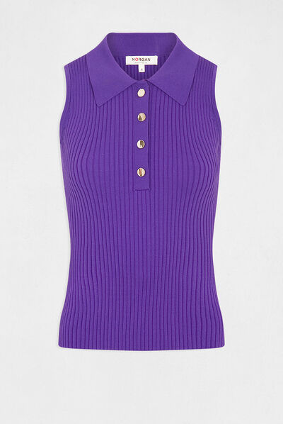 Pull débardeur sans manches col polo violet fonce femme
