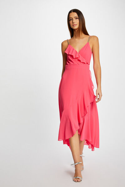 Robe longue évasée à volants rose femme