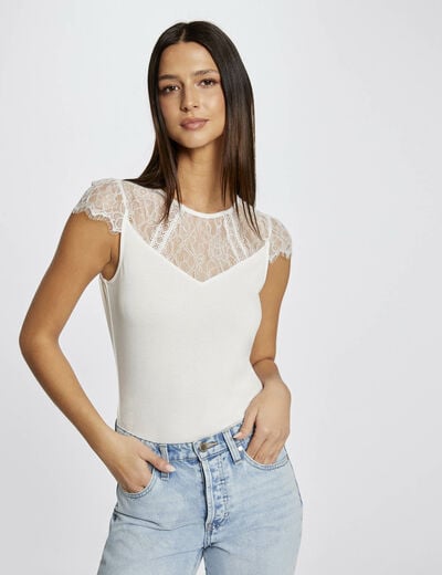 T-shirt manches courtes à dentelle ivoire femme