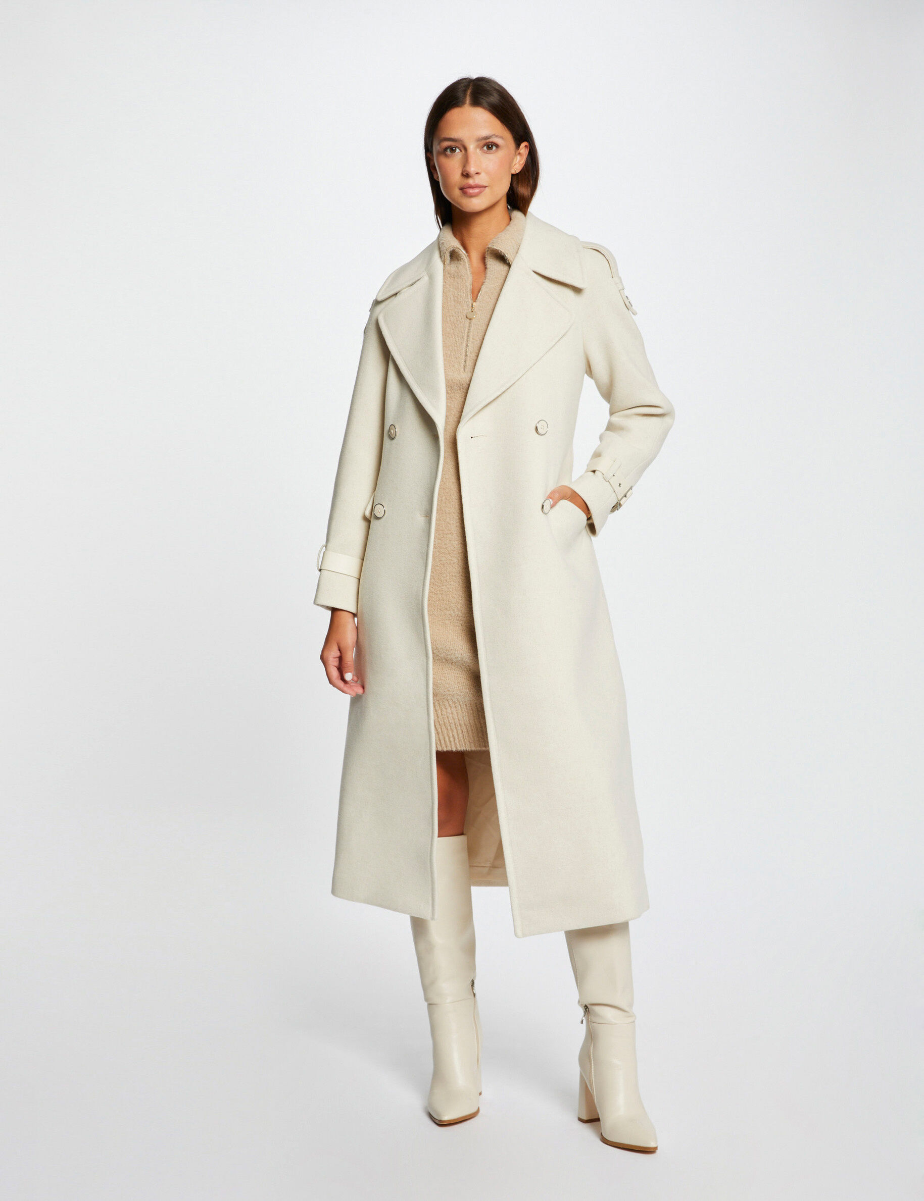 manteau long cintré détails simili cuir ecru moyen femme