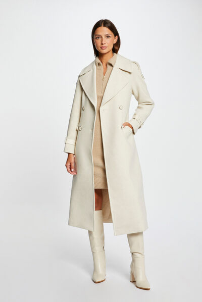 Manteau long cintré détails simili cuir ecru moyen femme