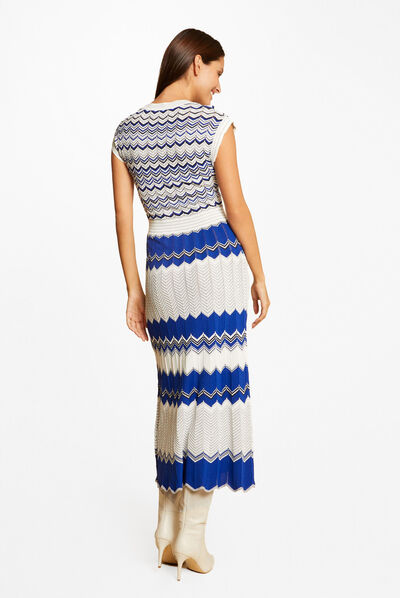 Robe pull longue droite imprimé chevron bleu moyen femme