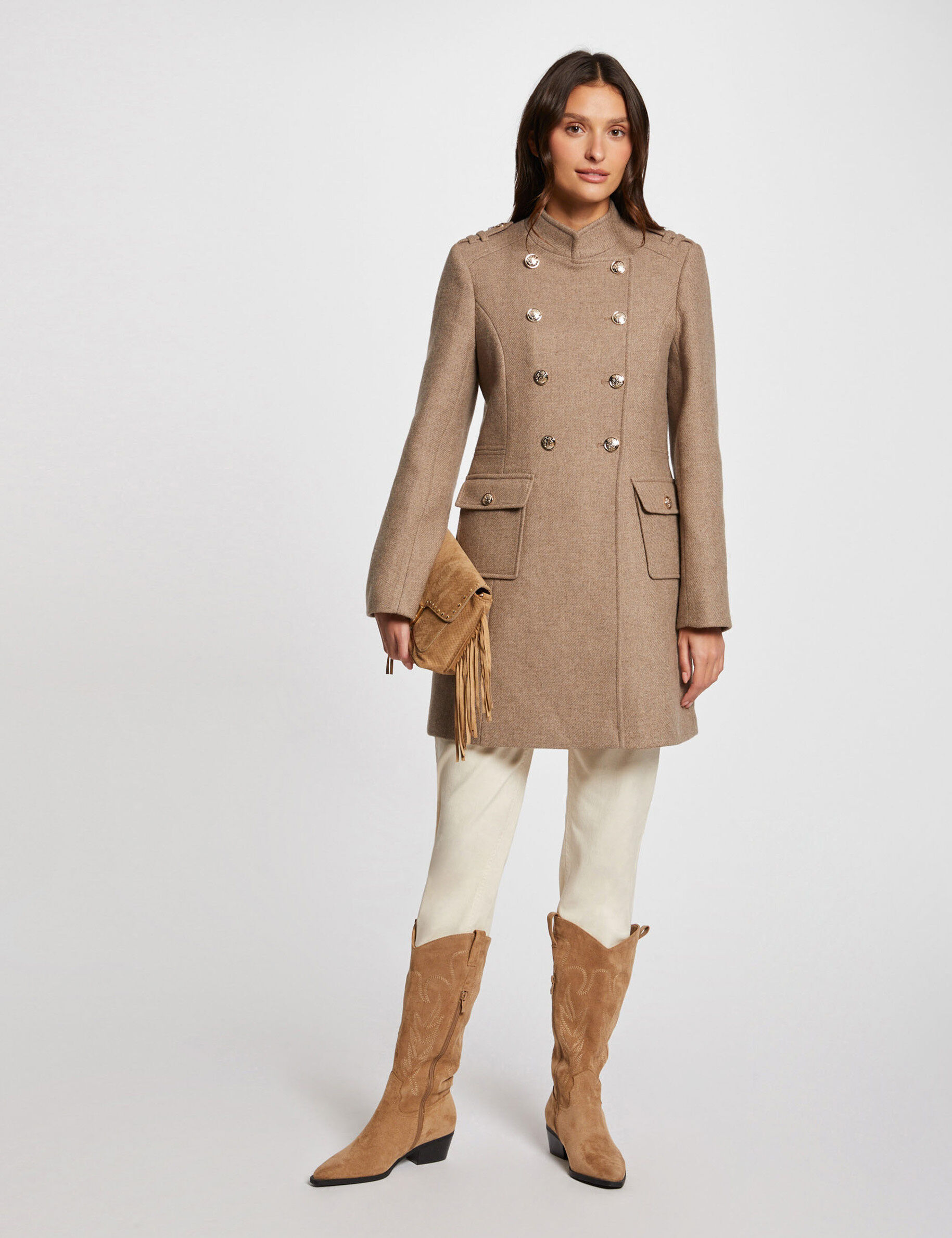 manteau long à boutons beige femme