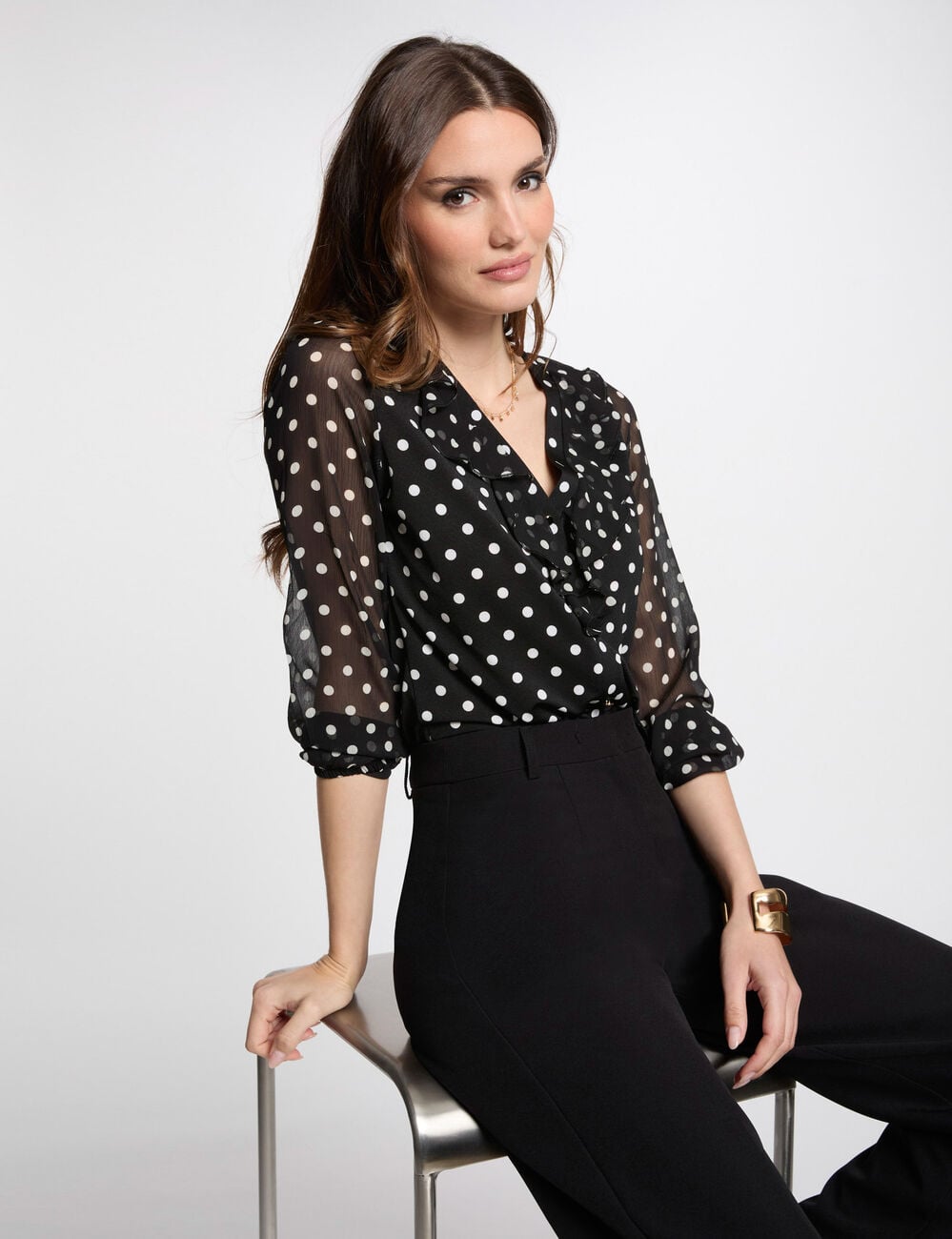 T-shirt manches 3/4 &agrave; pois blanc femme