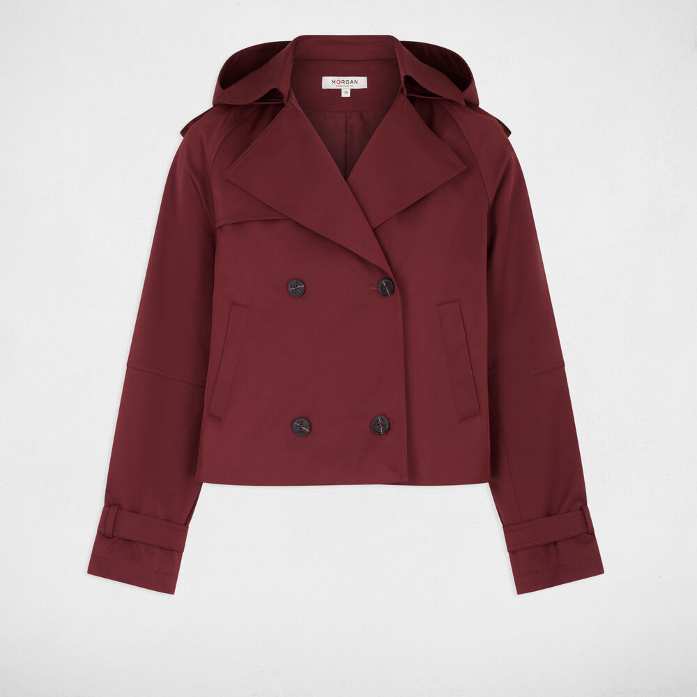 Trench court &agrave; capuche bordeaux femme