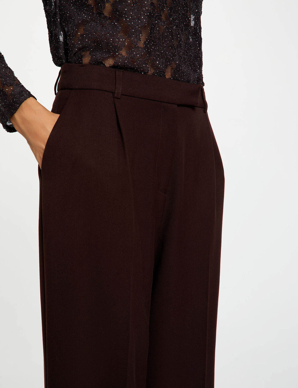 Pantalon large taille haute marron fonc&eacute; femme