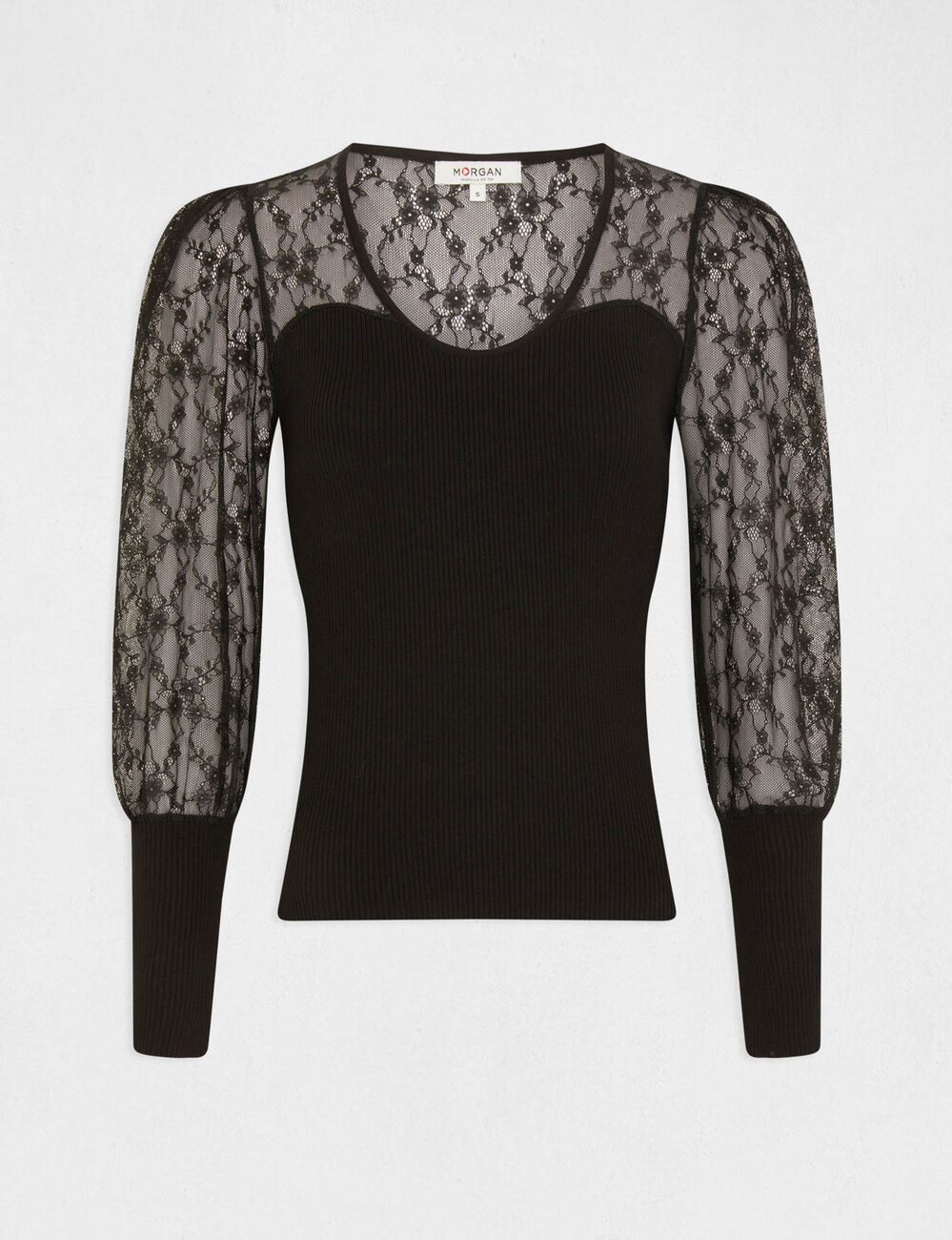 Pull manches longues en dentelle noir femme