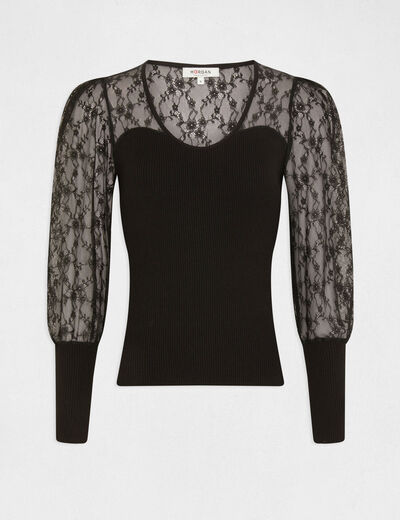 Pull manches longues en dentelle noir femme