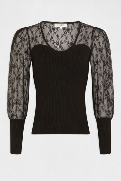Pull manches longues en dentelle noir femme