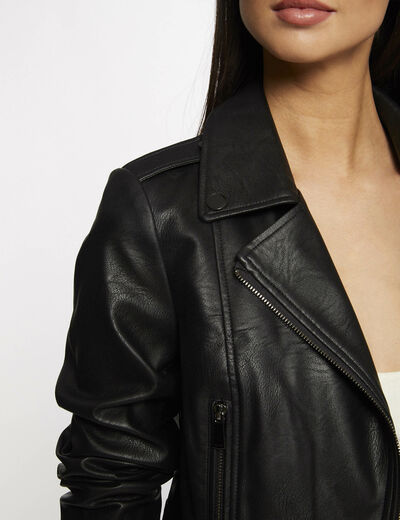 Blouson droit zippé simili cuir noir femme