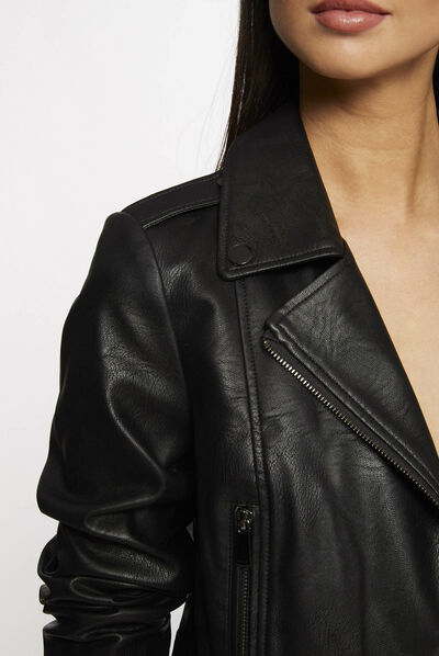 Blouson droit zippé simili cuir noir femme