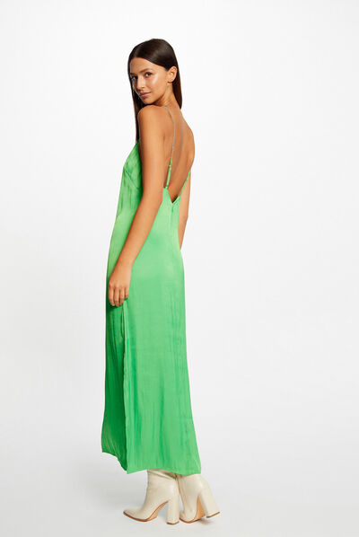 Robe longue évasée fendue satin vert clair femme
