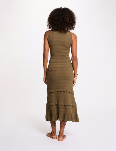 Robe tricot longue cintr&eacute;e vert kaki femme