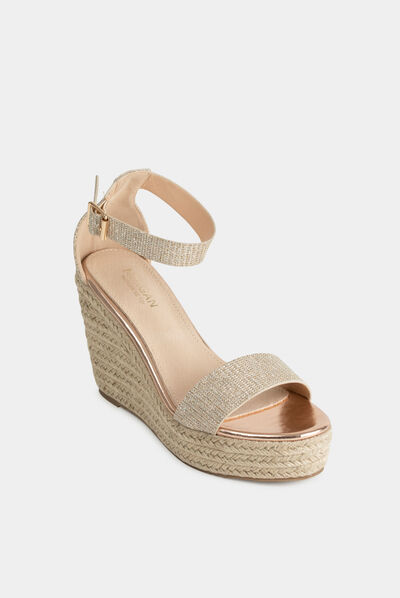 Sandales compensées à paillettes dore femme