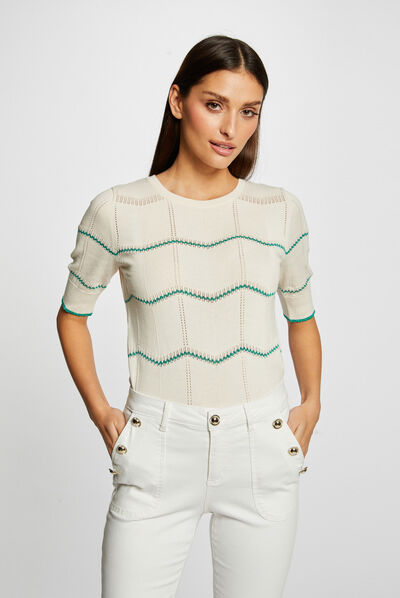 Pull manches courtes à rayures vert moyen femme