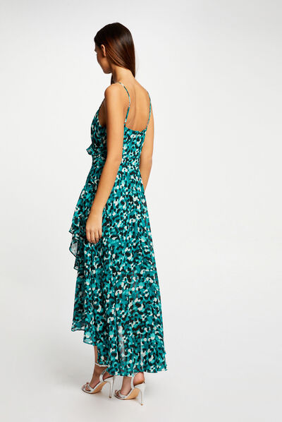 Robe longue évasée imprimé abstrait vert femme