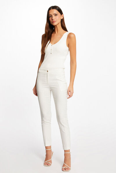 Pantalon city ajusté 7/8ème à rayures ecru femme