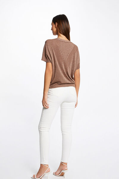 Pull manches courtes à col en V rouille femme